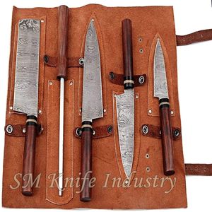 Juego de cuchillos de cocina Sm Knives de 5 piezas, varilla de afilado, rollo de cuero, acero de Damasco hecho a mano, filo afilado con láser, mangos de madera, 3 años de garantía - Product Image 5