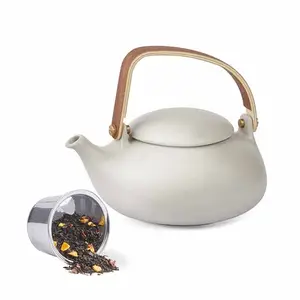 Matte Porcelain 800ml Grey Ceramic Japanese Tea Pot Small 2 Cup Teapot with Infuser Modern Bentwood Handle for Women