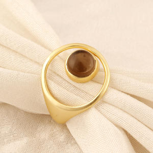 Bague en quartz fumé naturel, mode tendance, plaqué or, réglable, rond ouvert, cabochon, bague géométrique de créateur - Product Image 1