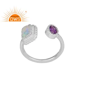 Handmade Ring Jewelry Supplier 925 Sterling Silver Silver Open Woman's Ring Ethiopian Opal And Round Amethyst Gemstone Ring