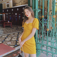Robe de soirée mini pour femme, style princesse, jaune automne, élégante et solide, avec manches bouffantes, en tissu tissé, à volants, fermetures éclair, coupe évasée, naturelle