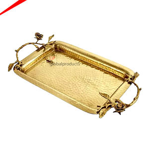 Bandeja de servicio de metal dorada rectangular decorativa, con asas de hoja dorada, decoración de servicio para el hogar - Product Image 1