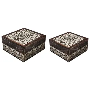 Luxury Burnt White Wash Color Mango Wood Hand Carved Box Set of 2 Solid Quality Wooden Carving Square Box at Discounted Price