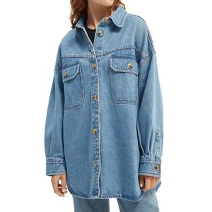 Veste en jean en coton bleu clair surdimensionnée pour femme, design et logo personnalisés, taille US, teinte artisanale, avec doublure - Product Image 1