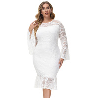 Robe crayon en dentelle à volants pour femmes, manches longues, col ras du cou, grande taille