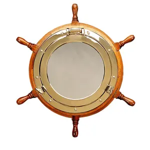 美丽的航海木船轮，带黄铜舷窗镜子定制木器工艺品航海船轮