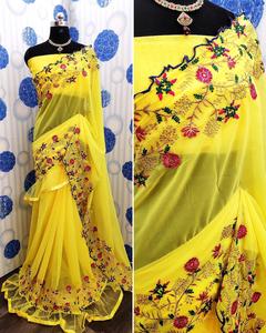 Nouveauté Bollywood Style Banarasi Saree en soie douce avec chemisier non cousu Belle bordure brodée de couleur bleue Moins en Surat Ethnique - Product Image 3