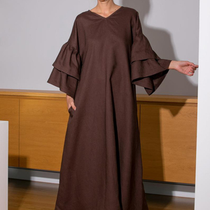 Vestido Maxi de Lino Marrón con Cuello en V, Manga con Volantes, Corte Holgado, Color Sólido, Tejido Transpirable de Algodón para Verano, Largo hasta el Suelo - Product Image 1