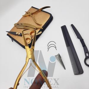 Noir avec outils dorés pour le soin des cheveux inclus pince d'extension de cheveux ciseaux de coiffeur rasoir de coupe de cheveux avec coupe pointue et peigne - Product Image 5