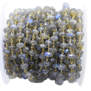 Perles en forme de rondelle de labradorite en plaqué or 18 carats avec chaîne de chapelet en argent sterling pour la fabrication de bijoux - Product Image 1