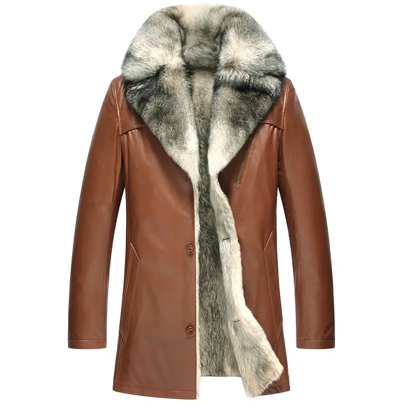 Chaqueta de cuero genuino para hombre, abrigo de piel de lobo Natural, chaqueta de invierno