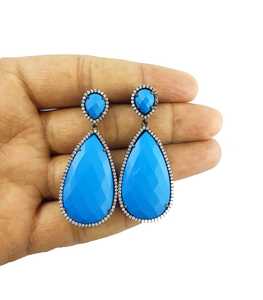 Boucles d'oreilles en pierre précieuse, boucle en forme de goutte d'eau Turquoise, ensemble de Cz, bijoux à la mode - Product Image 2