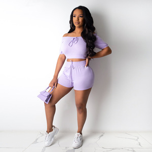 Wholesale fashion casual home <b>tight</b>-fitting two-piece suit women <b>shorts</b> stitching two-piece suit - Product Image 2