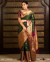 Sari Decadebt vert et rose toxique avec bordure et travail jacquard sur tout le sari, pallu riche avec blouse, bordure pour femme, exportation royale