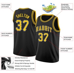 Custom Black Gold-White รอบคอ Rib-ถักเสื้อบาสเก็ตบอลออกแบบในความต้องการของคุณด้วยชื่อทีมและแบรนด์ของคุณ - Product Image 2