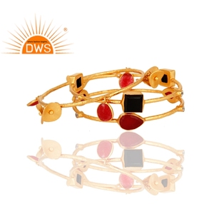 <b>Gold</b> Plated Brass Cuff Bangles Set Women's Classic Indian Fashion Jewelry Natural <b>Black</b> Onyx Aventurine Gemstones for Wedding - Product Image 2