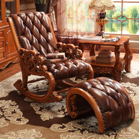 Fauteuil à bascule de luxe en teck sculpté avec repose-pieds ottoman finition dorée, mobilier de maison, fabrication OEM disponible
