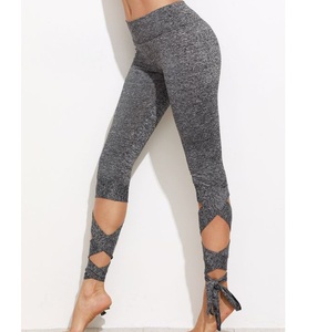 Shemax <b>Cropped</b> Tie <b>Leggings</b> in Grey Marled Knitted Fabric Breathable Mid Waist Design - Product Image 6