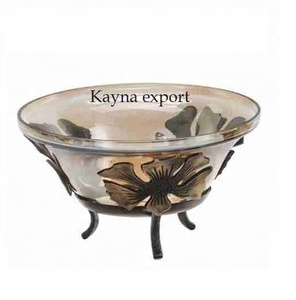 Luxe Antique Fini Noix Fruits Secs Chocolat Bonbons Bol En Verre De Service Avec Designer Fleur Métal Noir Enduit Stand Table - Product Image 1