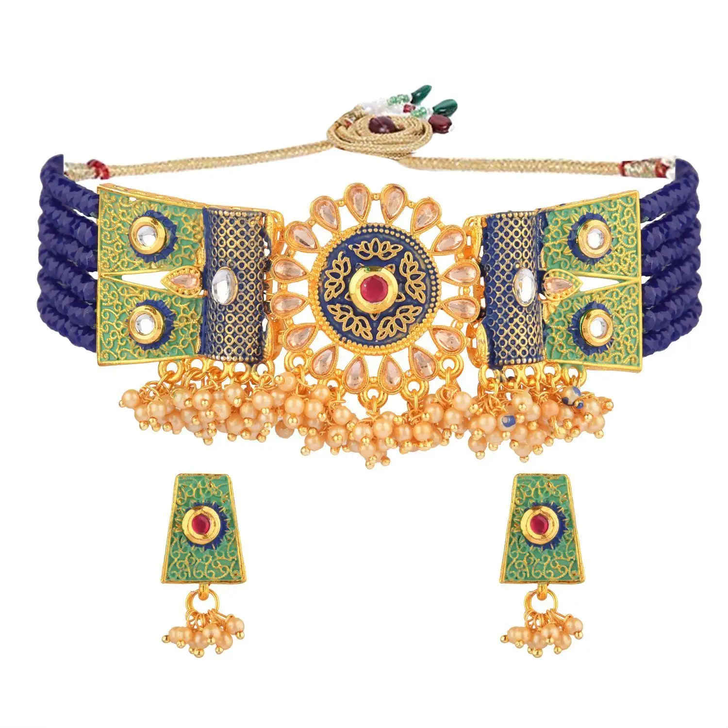 Lanli — boucles d'oreilles en fausse perle, bijoux indiens en cristal, Kundan, boucles d'oreilles ras du cou, en émail perlé, bleu