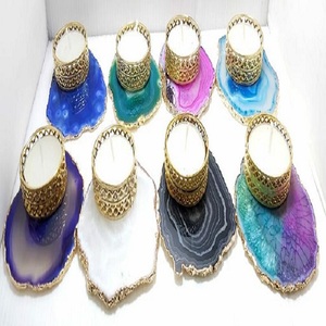 AAMEENA Wholesale AGATE <b>Crystal</b> <b>Candle</b> Holders with Gold Edge Gemstone Holders for Novelty Gifts Stone Material - Product Image 1