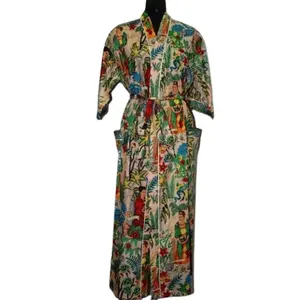 Kimono Mandi Wanita Motif Katun India, Gaun Maxi Malam Wanita, Pakaian Pantai Etnis Panjang, Gaun Kimono