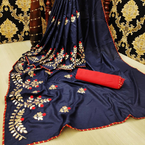 Vêtements de mariage indiens broderie fleur Design travail avec Banarasi imprimé Saree et chemisier non cousu couleur bleue femmes portent Alphanumero - Product Image 1