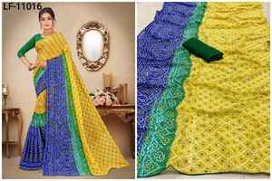 Premium Georgette <b>Fabric</b> Designer Saree Digital Bandhani Print Double Stitch Sequence Work Piping Border Indian Pakistani - Product Image 3