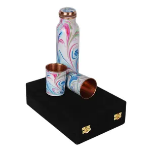 Best Designer Copper Bottle Set With Printed Finishing And Black Colored Box For Home Living Room Drinking Water Bottle