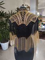 Poncho court de créateur noir et or, avec broderie de sequins et perles, en maille respirante, écologique, grande taille, manches chauve-souris, ODM