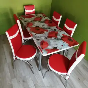 Printed Glass Table + 6 Chairs Set expandable multi color Turkish design