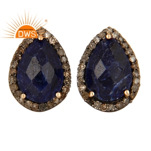 Pendientes de tuerca de diamante pavé para mujer, joyería de proveedor de boda, oro amarillo de 14k, zafiro azul, fabricante de joyas de piedras preciosas - Product Image 1