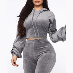 Ensemble de survêtement en velours pour femmes, 2 pièces, haut court à capuche et leggings, vêtements de sport, ensemble de survêtement en velours - Product Image 3
