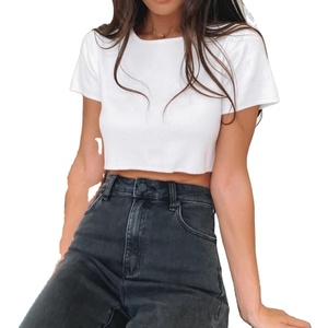 เสื้อครอปแบบสวมหัวคอกลมทรงสลิมฟิตของผู้หญิง,เสื้อยืดสีพื้นลำลองแขนสั้น - Product Image 1