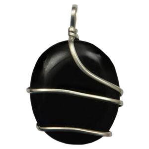 Pendentif en agate noire naturelle en gros | Collier ovale en cristal de guérison enroulé de fil pour femmes et hommes - Product Image 4
