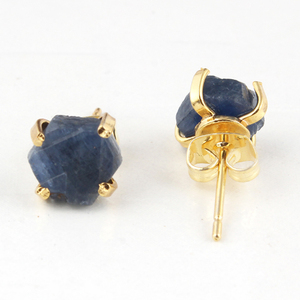 Good Quality Wholesale Real Rough <b>Blue</b> <b>Sapphire</b> Prong Setting <b>Earring</b> 24k Gold Plated <b>Earring</b> September Birthstone Stud <b>Earrings</b> - Product Image 4
