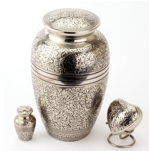 Urna Funeraria de Latón con Grabado Floral y Acabado Plateado, Estilo Americano, Duradera, para Cenizas de Adultos - Product Image 3