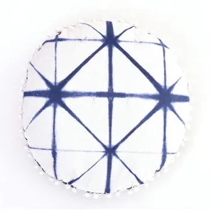 Indigo Tie-Dye Print 16" Cotton Cushion Cover in Round Shape Handmade Decorative Sofa Back Pillow Cushion Covers