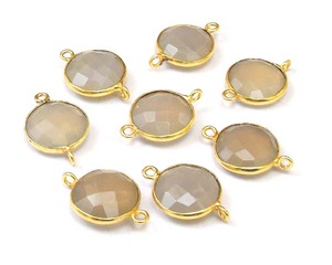 18K Gold Plated Sterling Silver Gray Chalcedony Round Faceted Double Bail Gemstone Bezel Connector Jewelry Making Components - Product Image 2