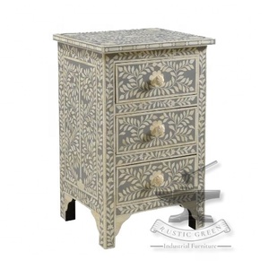 โต๊ะข้างสามลิ้นชักดีไซน์แบบฝรั่งเศสกระดูกสีเทาและฝังสำหรับรับประทานอาหารห้องนั่งเล่นห้องครัวบ้านบ้านไร่โรงแรมอพาร์ทเมนท์ - Product Image 1