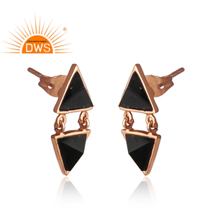 Pyramid Cut Black <b>Onyx</b> Gemstone Rose Gold Plated Brass Fashion Stud <b>Earring</b> Jewelry Classic Collection - Product Image 2