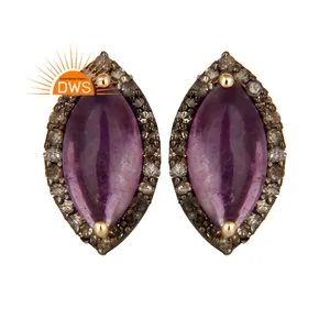 Prong Set Amethyst Diamond Set Earrings Black Oxidized 925 Silver and 14k Solid Gold Stud Earrings Jewelry Supplier