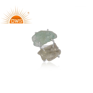 Raw Green Amethyst & Raw Aquamarine Gemstone Prong <b>Set</b> <b>Ring</b> Jewelry 925 <b>Sterling</b> Fine <b>Silver</b> Double <b>Ring</b> Manufacturer - Product Image 2