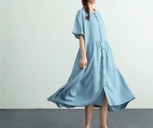 Light Blue Linen A-Line Floor-Length Formal Slits O-Neck <b>Short</b> Sleeve Regular Fit <b>Summer</b> <b>Dress</b> Button Front Solid Color Woven - Product Image 1