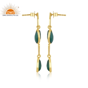 Trendy <b>Top</b> Selling Sterling Silver Gold Plated Dangle <b>Earring</b> Pear Cut Green Onyx Gemstone <b>Earring</b> Supplier - Product Image 4