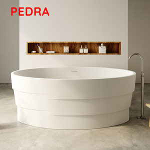 Bañera de piedra artificial blanca moderna terrazo ovalado liso con función de masaje y remojo independiente con escurridor - Product Image 2