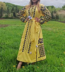 Ukrainian Designer <b>Linen</b> Embroidery <b>Dress</b> with Tassel Long Sleeve Crew Neckline Yellow with Natural Waistline Zipper Decoration - Product Image 2
