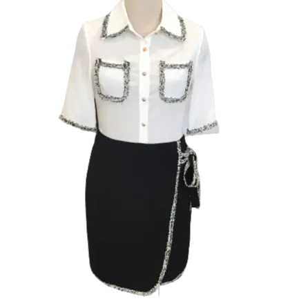 卸売価格プレミアム素材ロングドレスシャツ女性オフィスレディース白と黒ウエストラインターンダウンカラードレス女性