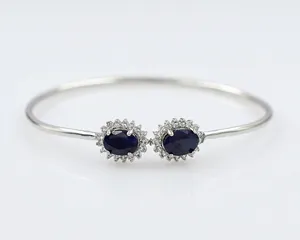 Natural Super Quality Sapphire 7x5 MM Oval Shape Gemstone 925 Solid Silver For Women Cuff Adjustable Bangle By Indian Wholesaler