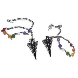 Wholesaler of Twisted Black Metal Pendulums with Chakra Chain : Twisted Black Metal Pendulums with Chakra Chain for Sale - Product Image 1
